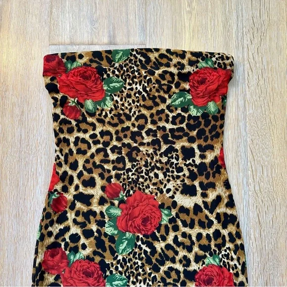 DNA Couture Leopard Print Strapless Midi Dress with Red Rose Accents - Medium - Picture 4 of 16